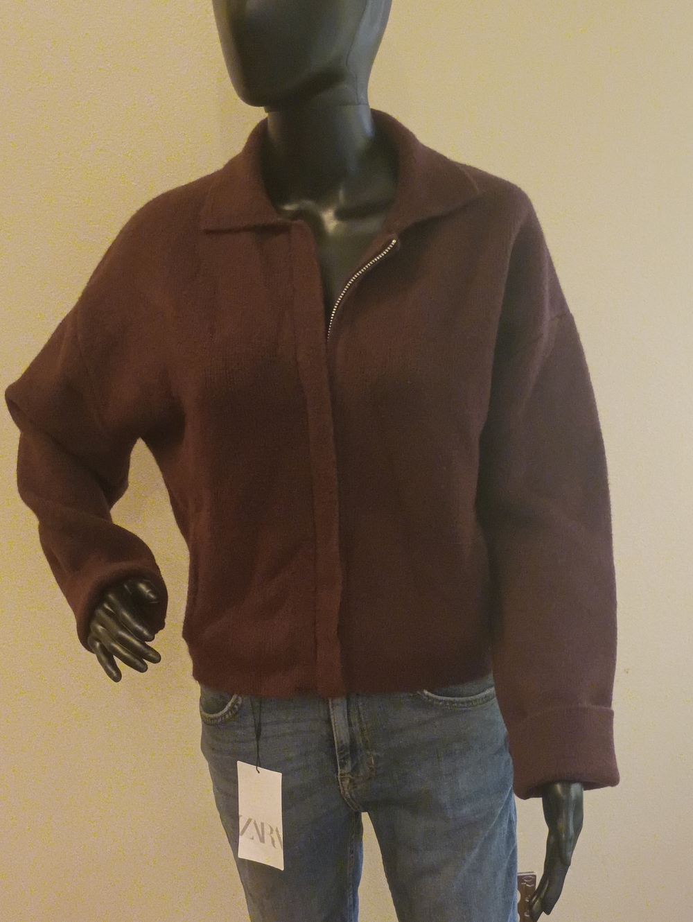 Zara Brown Knit Zip-Front Bomber Jacket